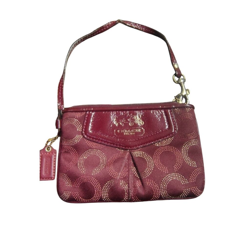 Coach Poppy Op Art Burgundy Wristlet Patent Leather Gold Horse & Carriage EUC